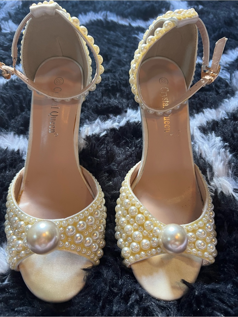 Pearl-Adorned Cream Ankle-Strap Heels by